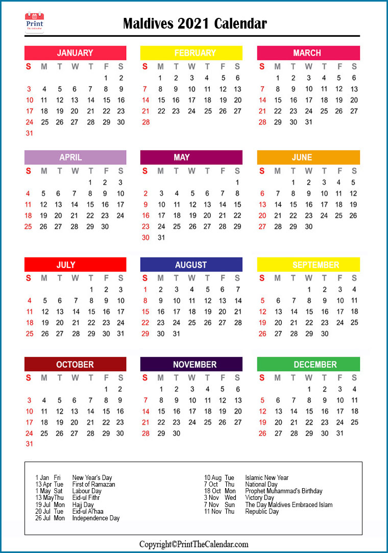 Maldives Printable Calendar 2021